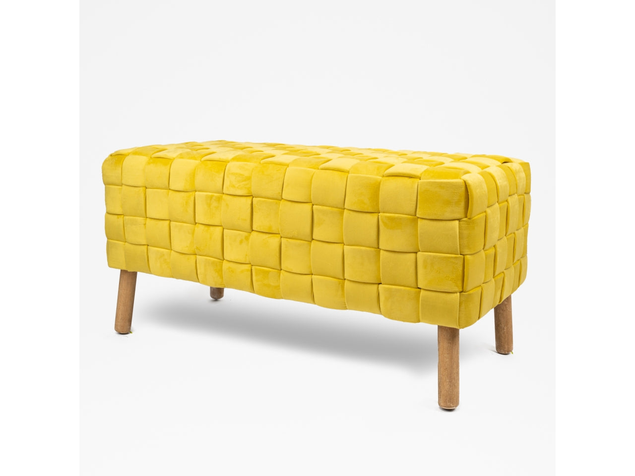 Panca in velluto giallo senape contemporanea con intreccio e piedi in legno 100x46x48 cm - Silani