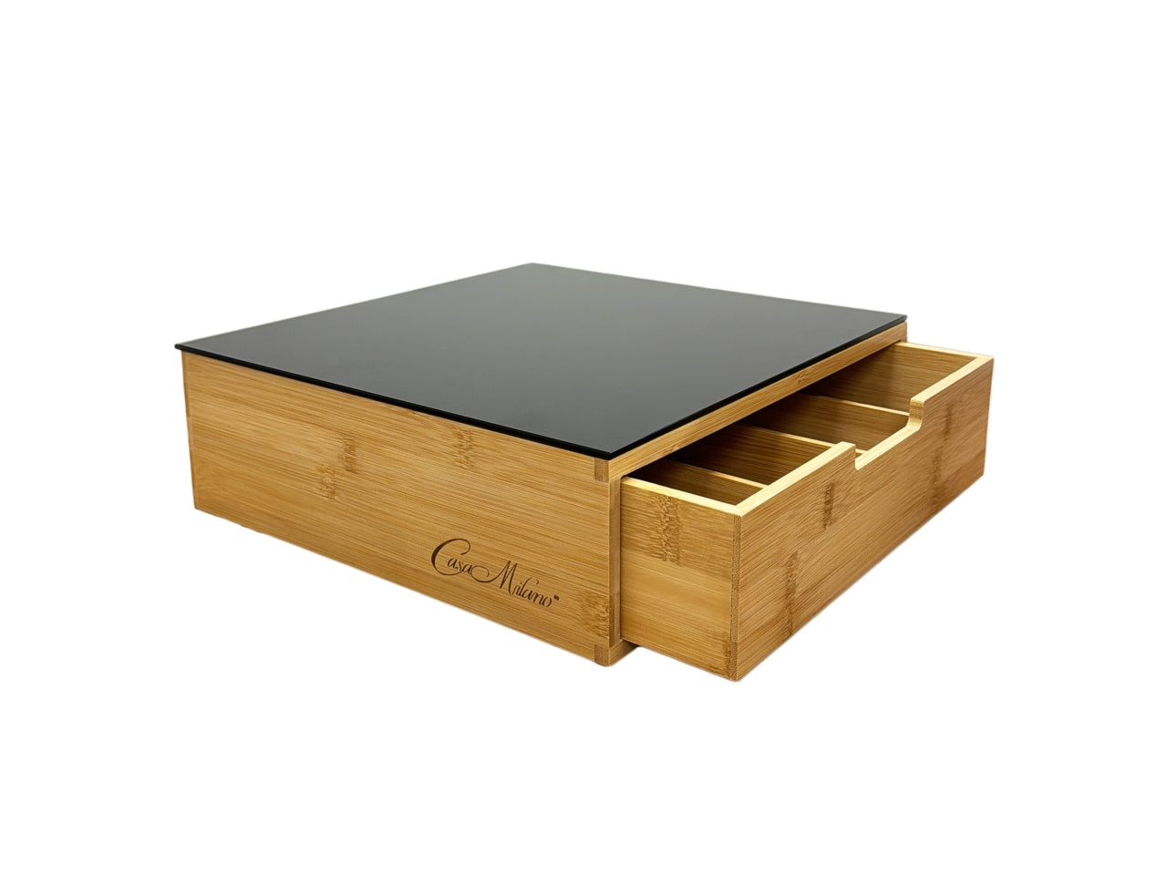 Porta capsule industrial in bamboo con ripiano in vetro nero 31,5x30x10 cm - Casa Milano