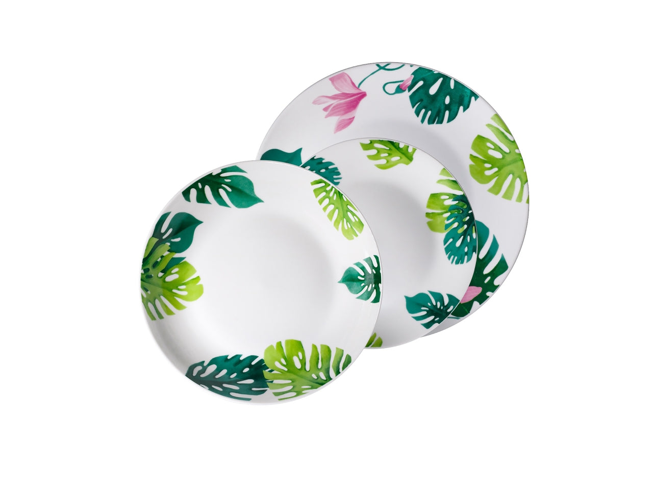 Set piatti per 6 persone in ceramica bianco e verde jungle con foglie e fiori - Casa Milano
