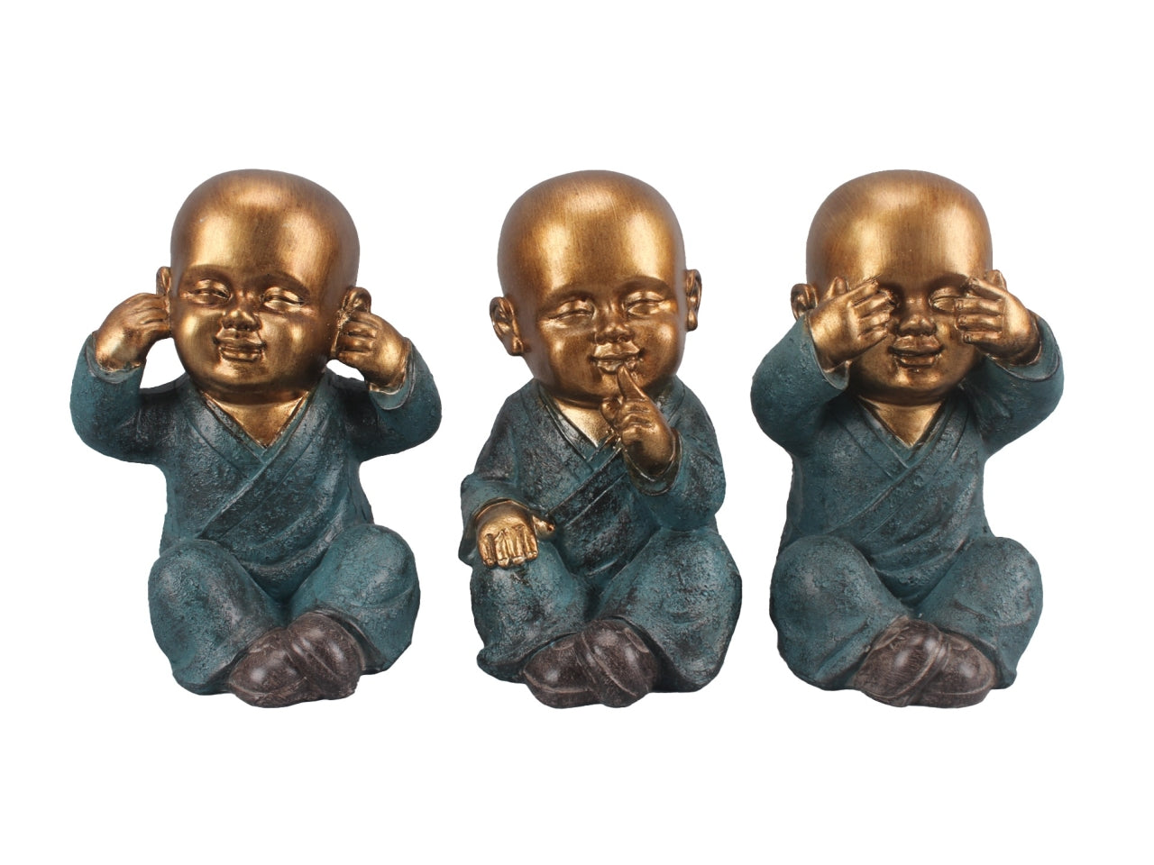 Statua Buddha non vedo non sento non parlo in poliresina etnico verde e oro opaco, set 3 pezzi 14x14x21 cm - Casa Milano