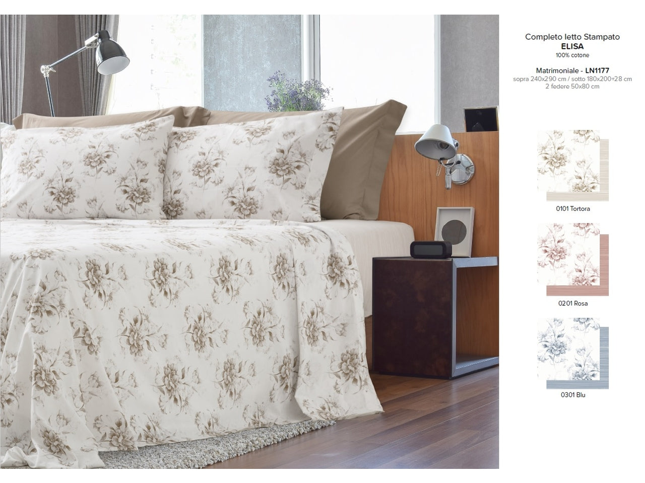 Elisa completo letto cotone stampato 2 piazze tortora
