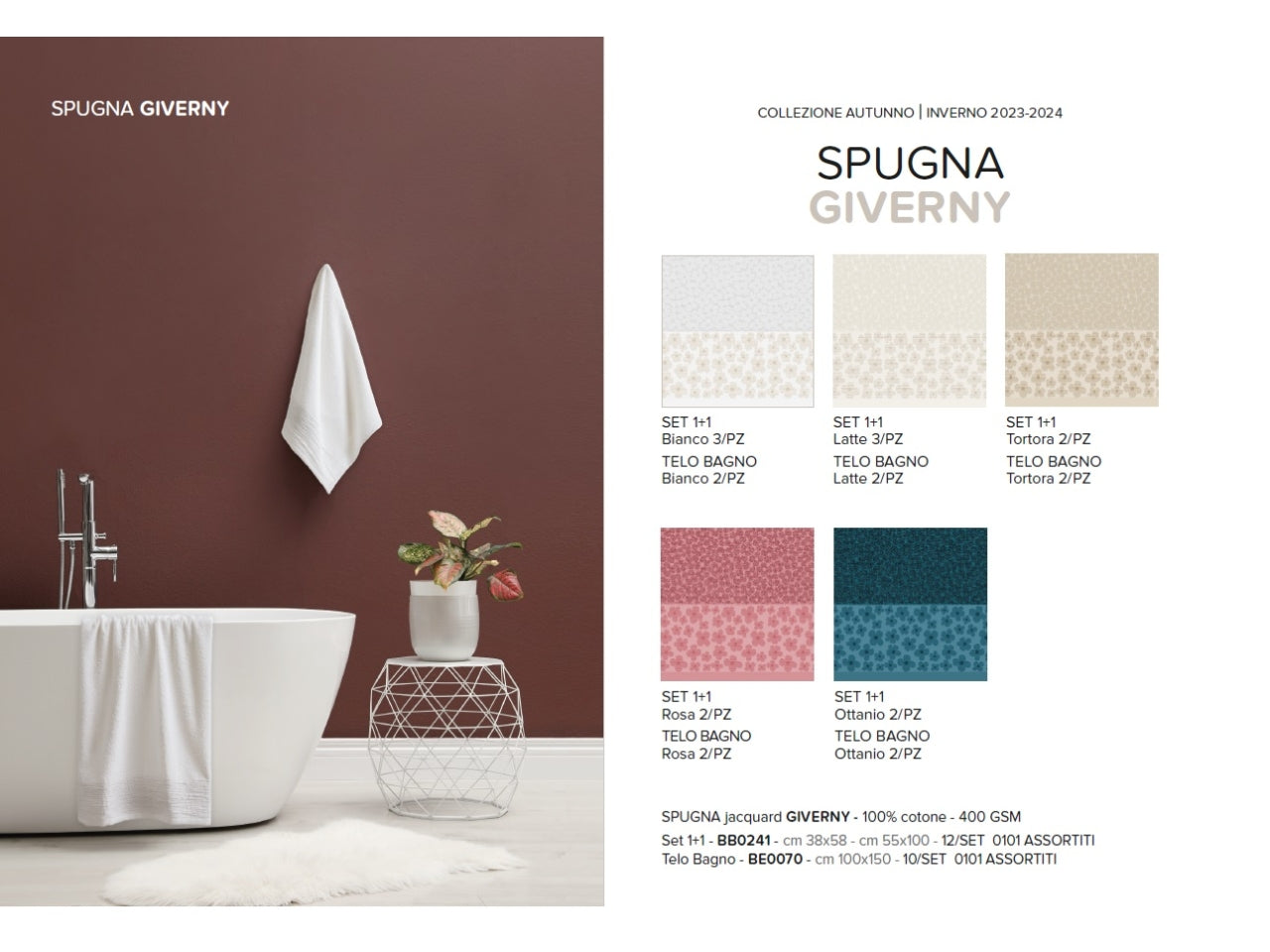 Set di 2 Asciugamani in Spugna Giverny Jacquard, Puro Cotone, Fantasia Floreale, Linea Oro Carillo Home