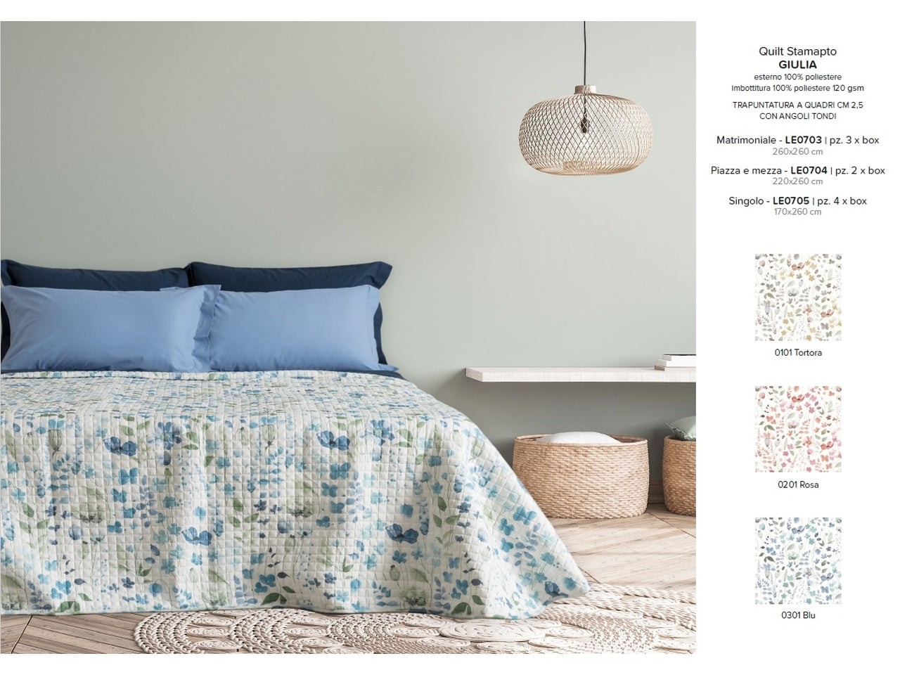 Trapunta letto singolo primaverile Giulia in tessuto stampato floreale blu, 170x260 cm - Carillo Home