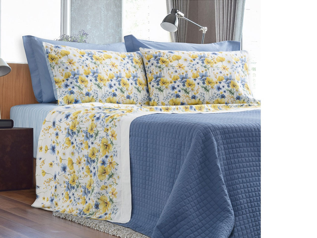 Completo letto matrimoniale cotone floreale blu stampato country, Grace, Linea Oro - Carillo Home