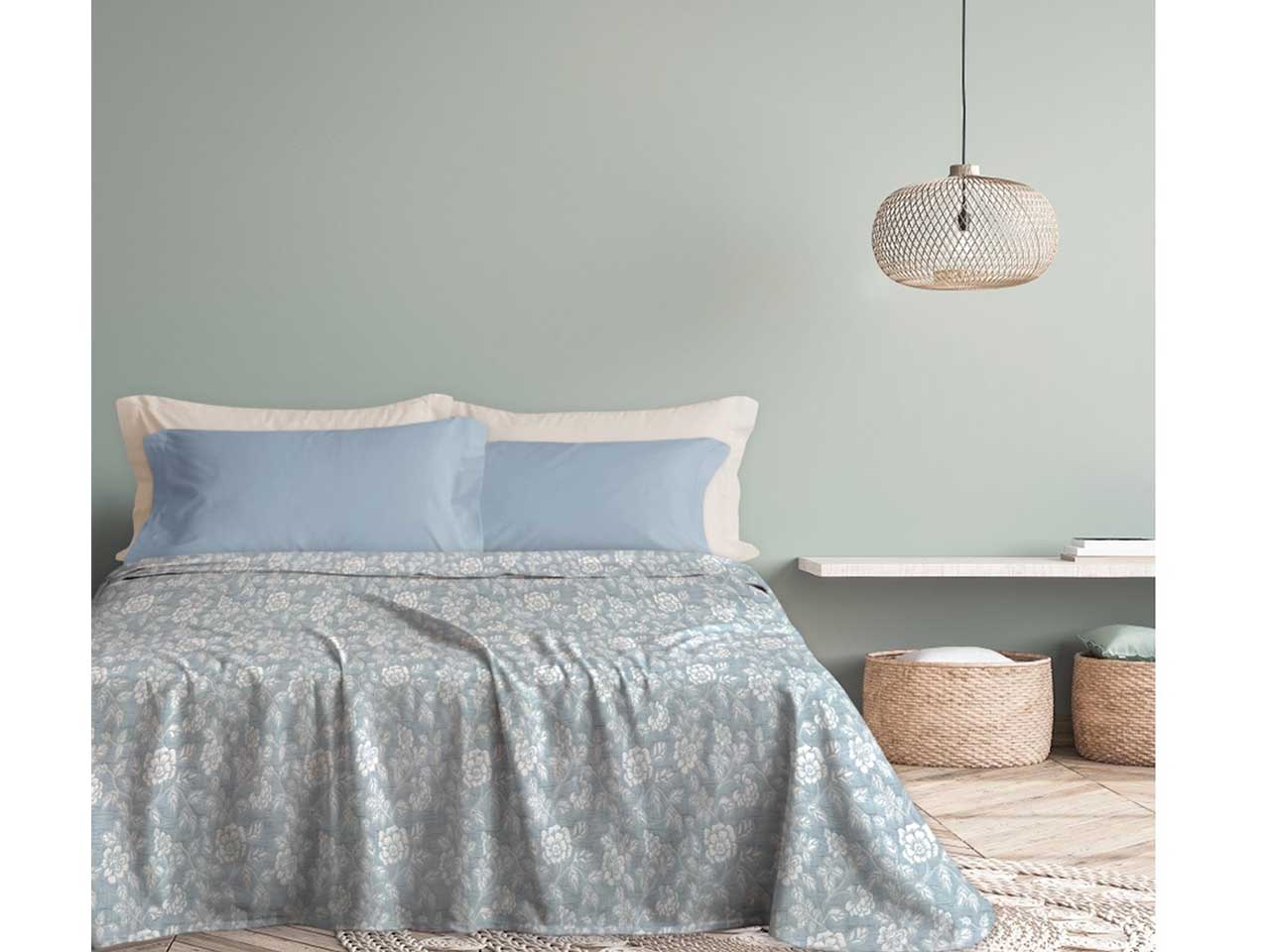 Copriletto matrimoniale primavera/autunno celeste floreale in poliestere stile romantico 260x260 cm - Carrillo Home