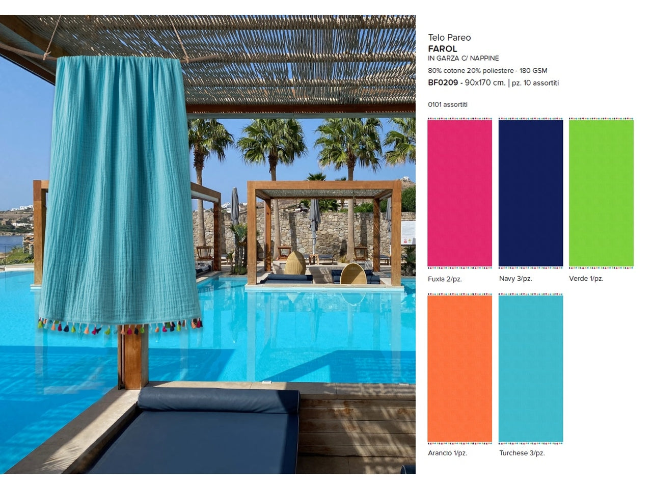 Telo mare pareo in cotone e poliestere 5 colori assortiti, con nappine multicolor 90x170 cm, Farol - Carillo Home