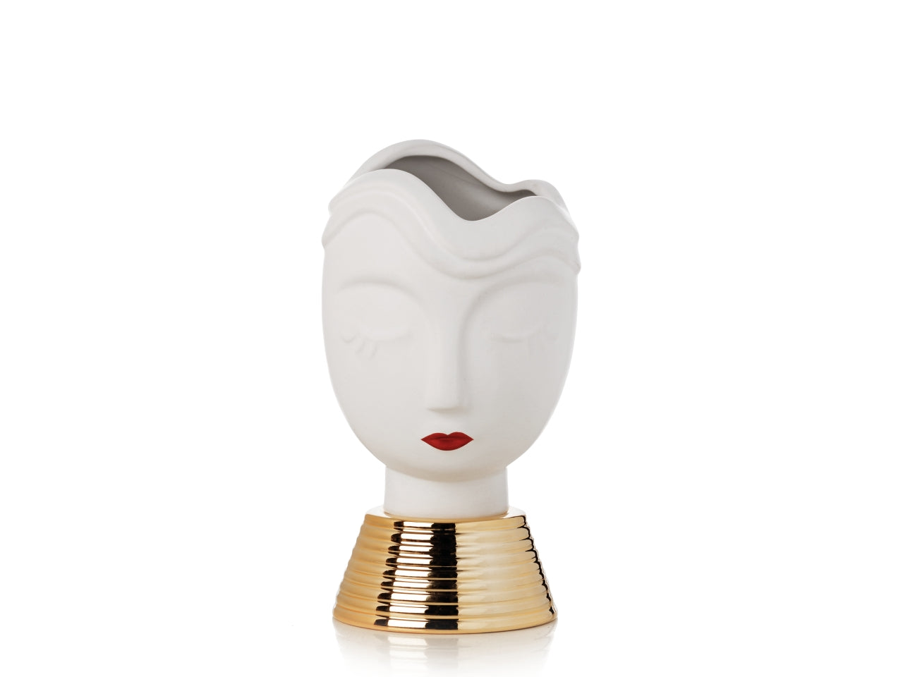Portavaso Elodie moderno in ceramica bianca e dorata forma viso 10,5x19,5 cm - Franco