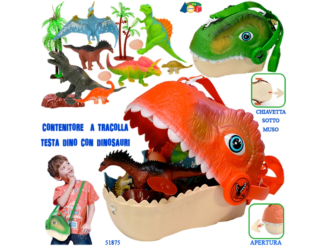 Contenititore con tracolla a forma di testa di dinosauro contenente animaletti