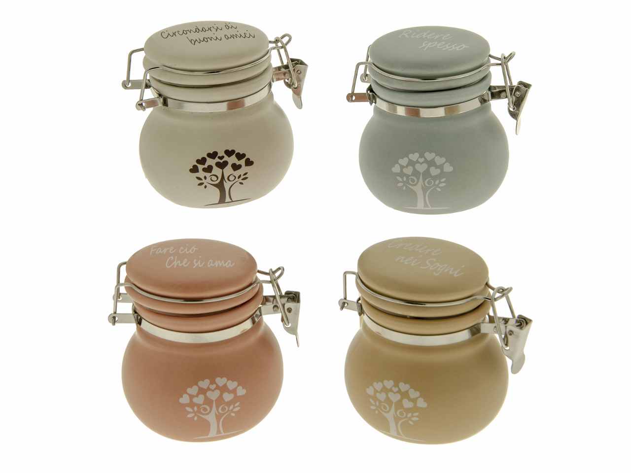 Barattolo porta confetti, porta spezie, zuccheriera in 4 colori con raffigurazione di coppia e cuori