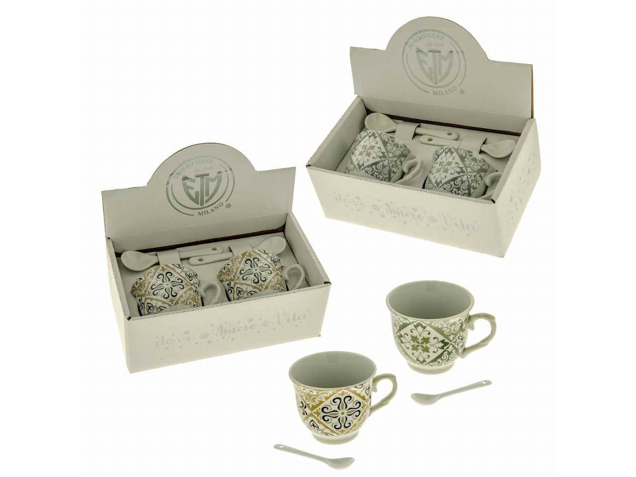 SET PER CAFFE' PONZA TAZZINE E CUCCHIAINI 2 ASSORTIMENTI H5,5CM CON BOX