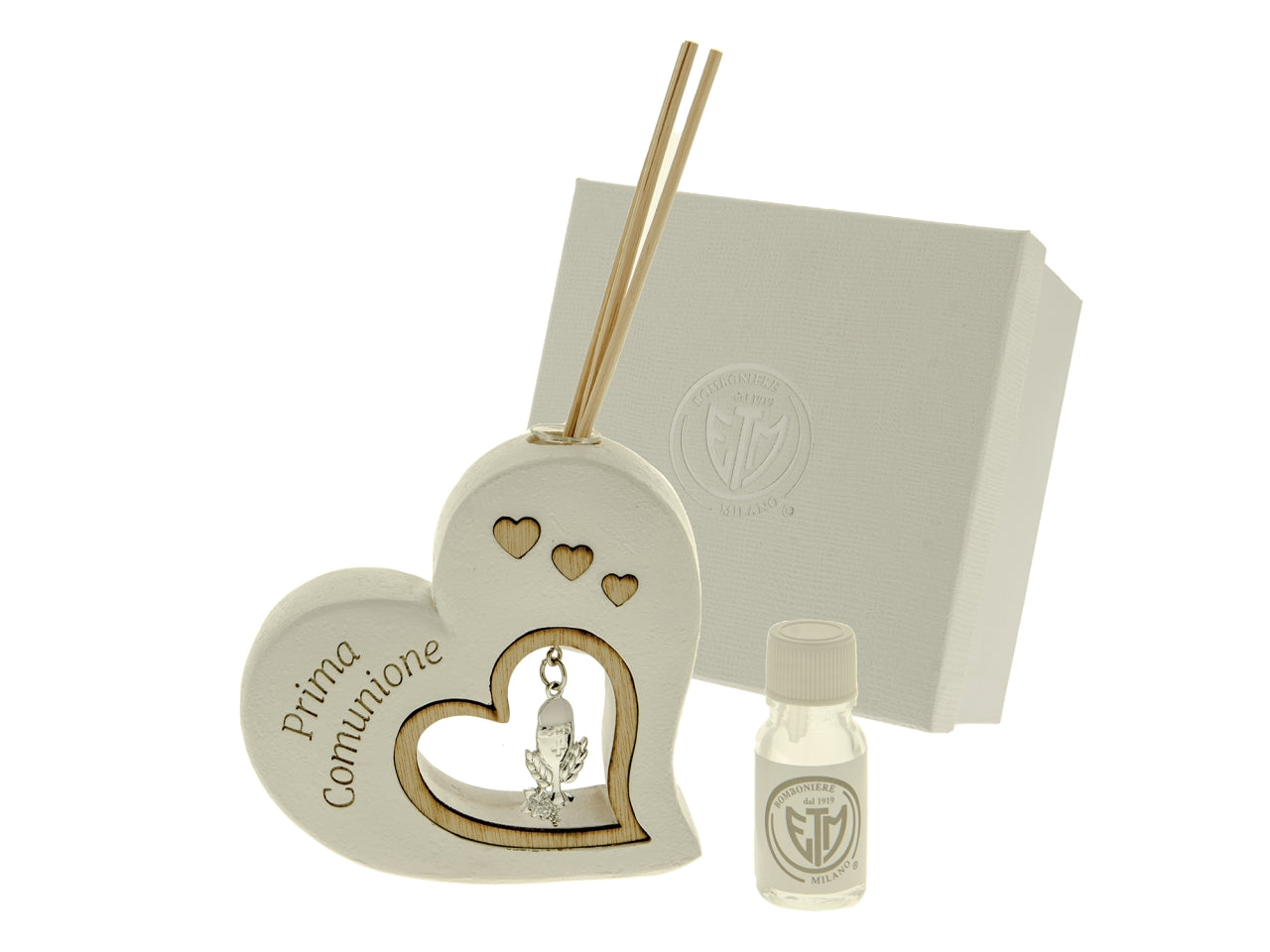 Bomboniera comunione diffusore ambiente bastoncini in resina a forma di cuore con profumo - 11x11 cm - ETM