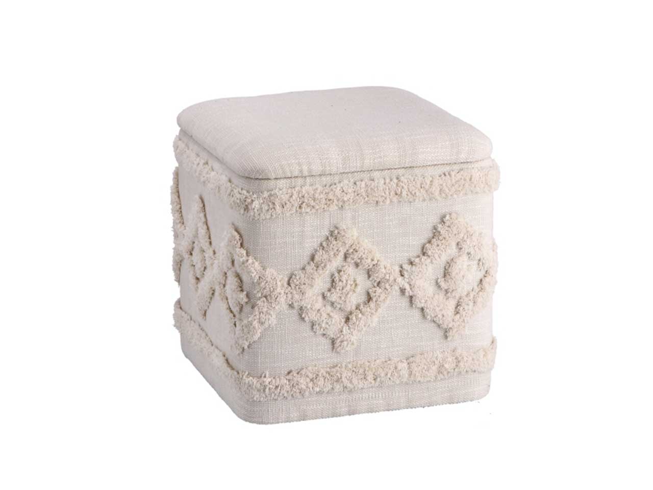 Pouf contenitore da salotto in poliestere e cotone, color avorio, stile boho - 40x40xh.40 cm - Star