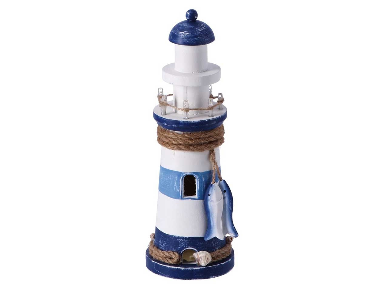 Faro decorativo in legno con 7 led a luce calda stile marinaro, 25,5 cm - AD Trend
