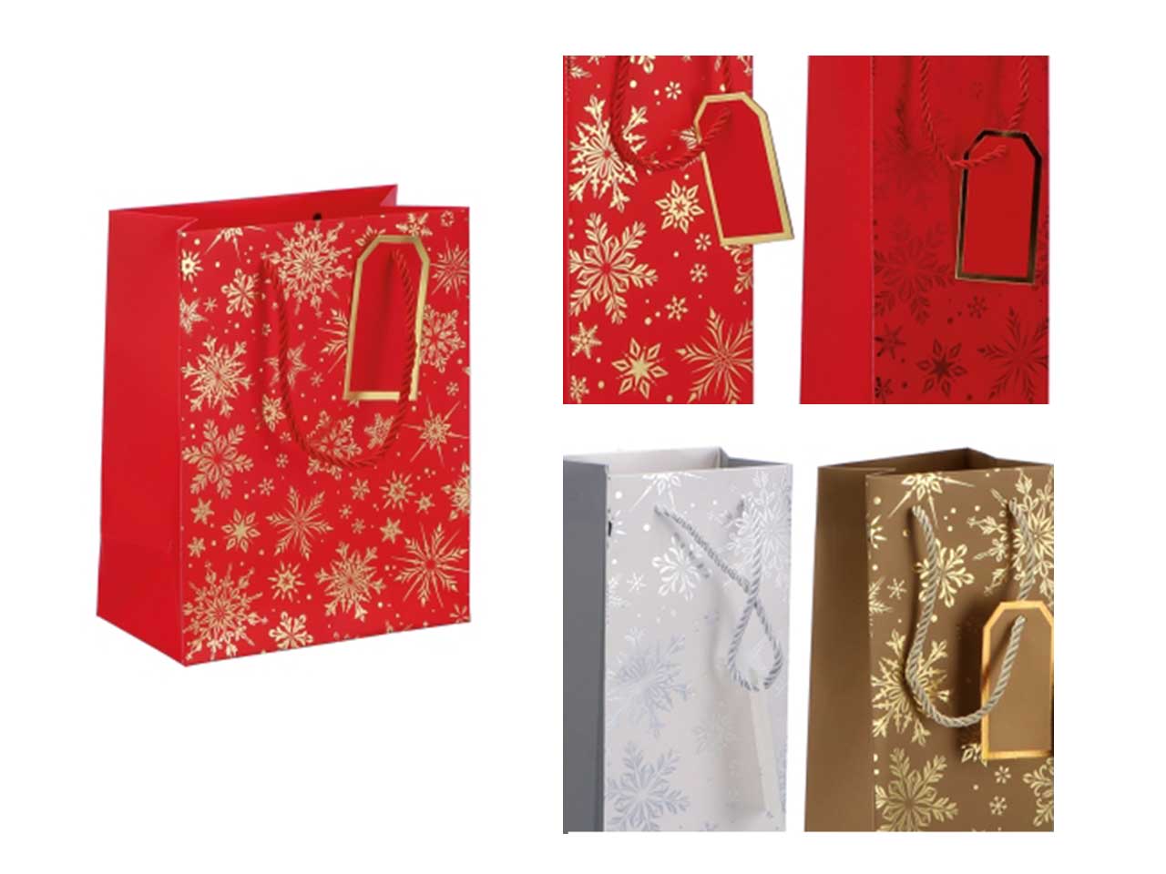 Busta regalo natalizia fiocco di neve in carta 3 colori assortiti 18x10xh23 cm - AD Trend