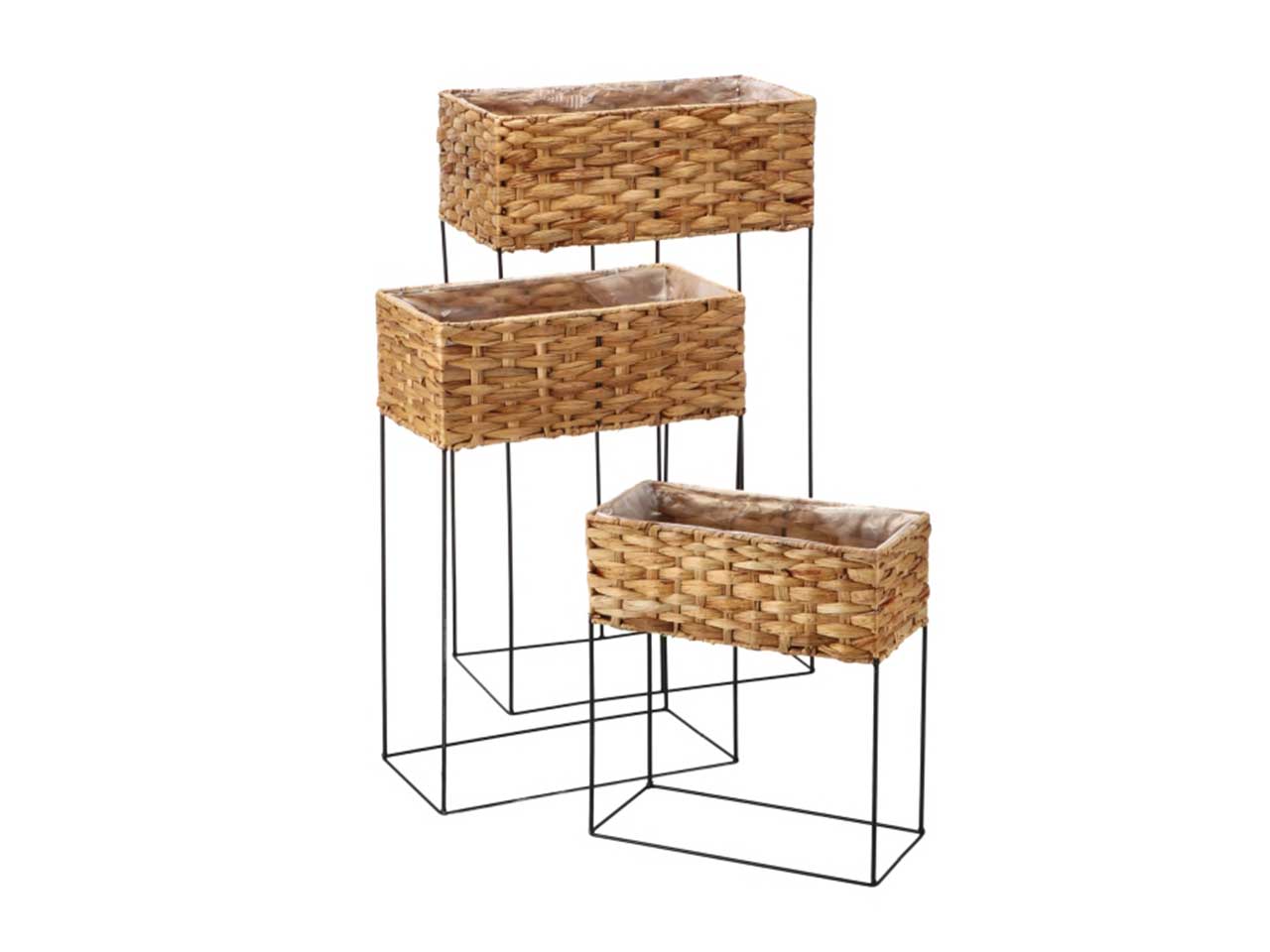Set di 3 fioriere in ferro e giacinto h.37/58/76cm