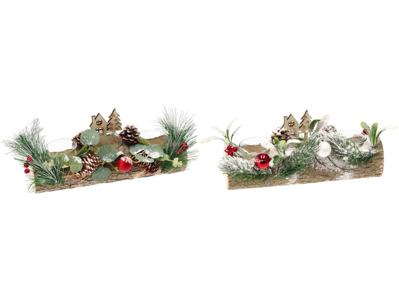 Porta tea light natalizio in legno multicolor con vetro e neve sintetica 33x14x15 cm - AD Trend