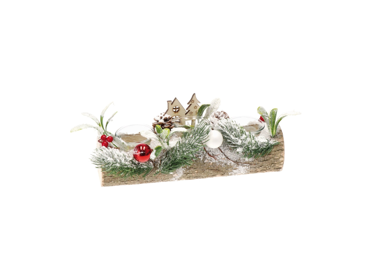 Porta tea light natalizio in legno multicolor con vetro e neve sintetica 33x14x15 cm - AD Trend
