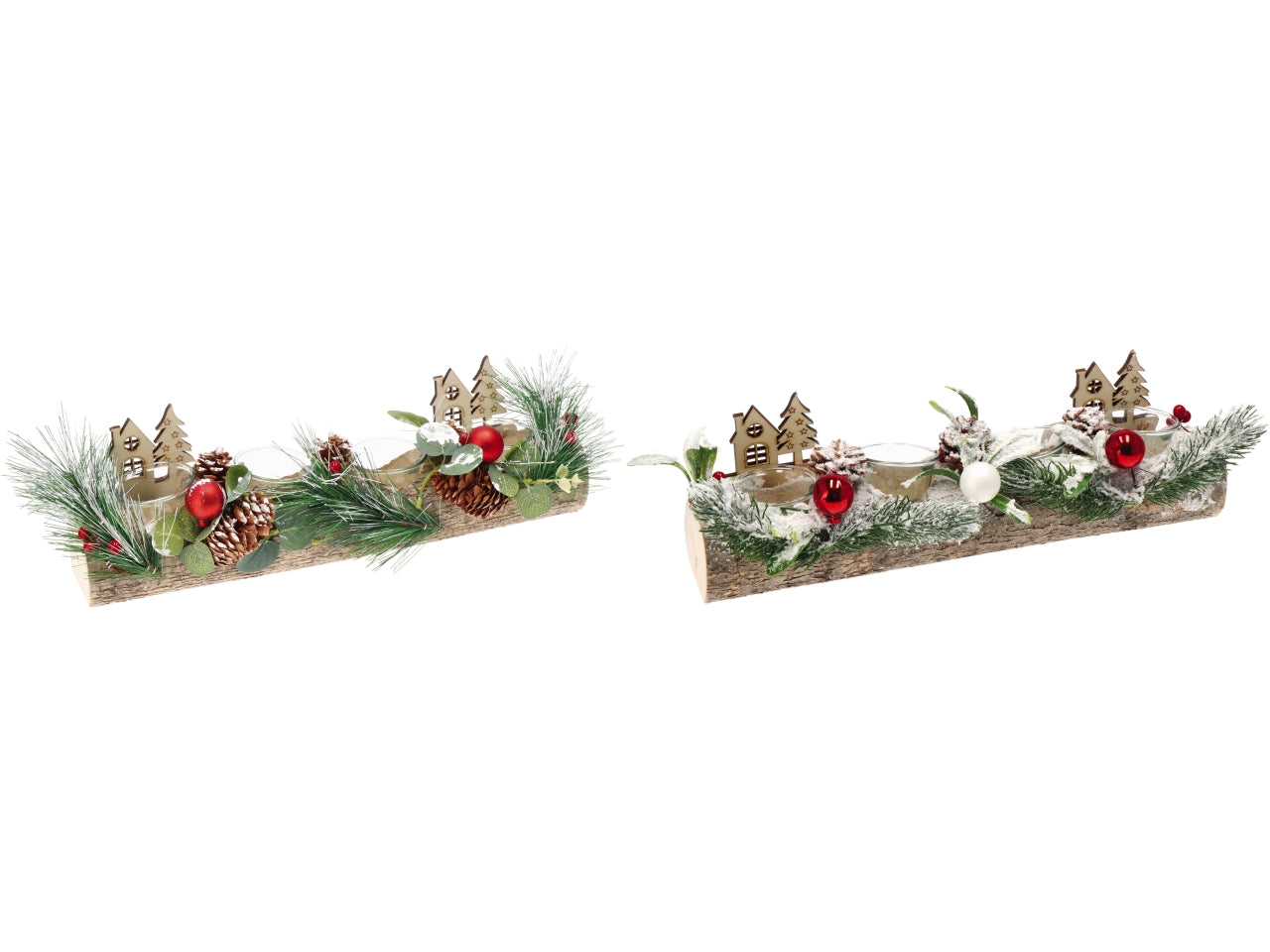 Porta tea light natalizio in legno multicolor con vetro e neve sintetica 40x14x16 cm - AD Trend