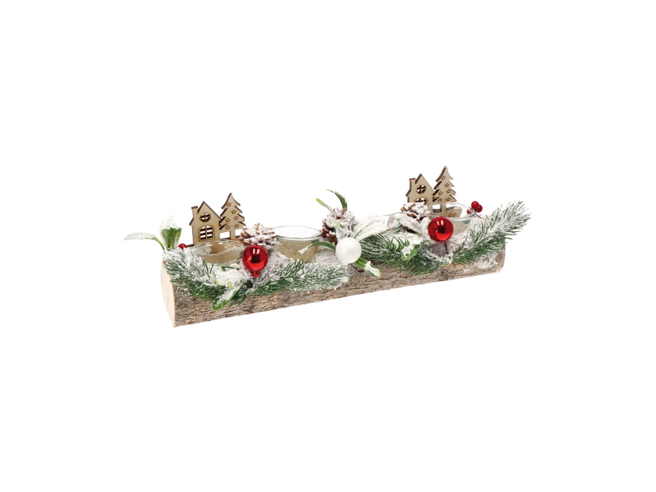 Porta tea light natalizio in legno multicolor con vetro e neve sintetica 40x14x16 cm - AD Trend