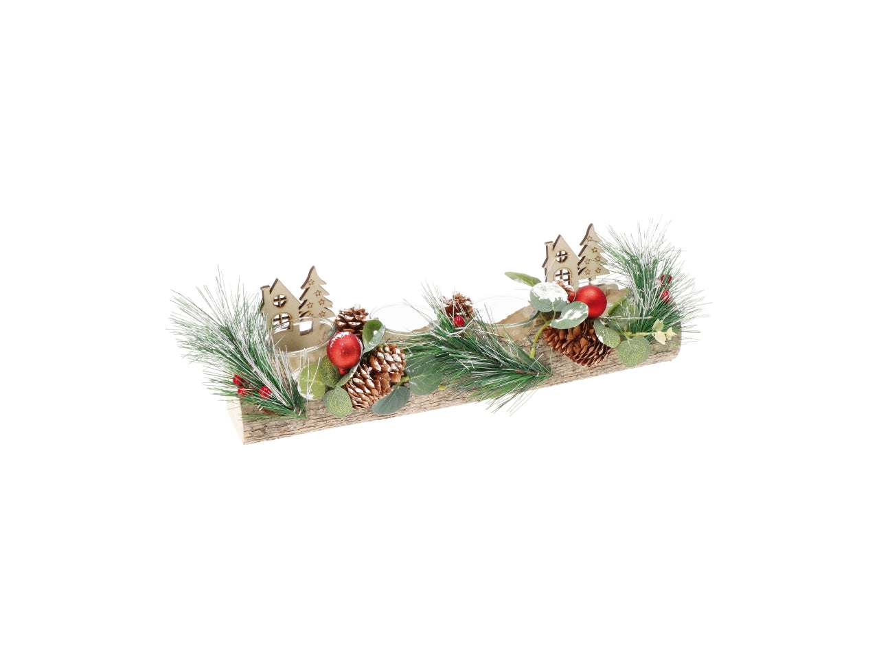 Porta tea light natalizio in legno multicolor con vetro e neve sintetica 40x14x16 cm - AD Trend