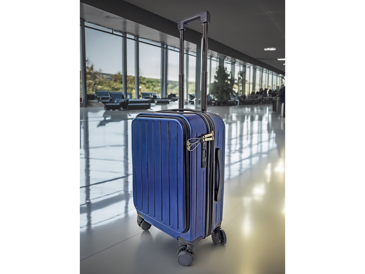 Trolley rigido blu 36l 4 ruote in abs, chiusura tsa, portabicchiere e ricarica usb e usb-c 35x23x56 cm - AD Trend