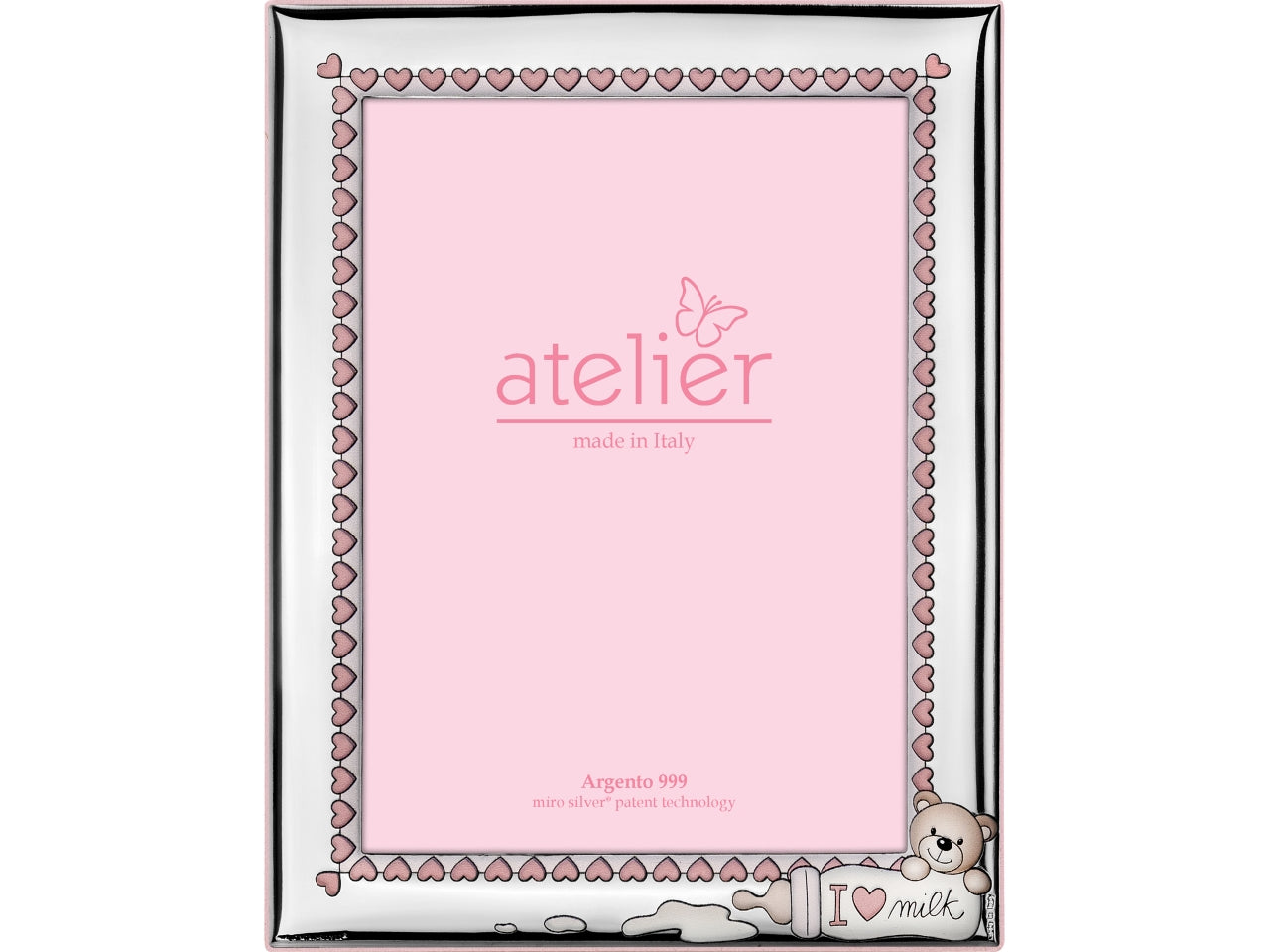 Cornice portafoto in argento bomboniera nascita bimba rosa - argento 999 con cuori, biberon e orsetto, 13x18cm, per evento nascita e battesimo, packaging in scatola regalo - Atelier