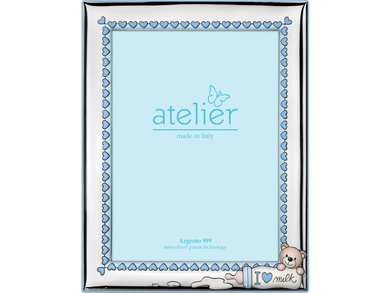 Cornice portafoto in argento bomboniera nascita bimbo celeste - argento 999 con cuori, biberon e orsetto, 13x18cm, per evento nascita e battesimo, packaging in scatola regalo - Atelier