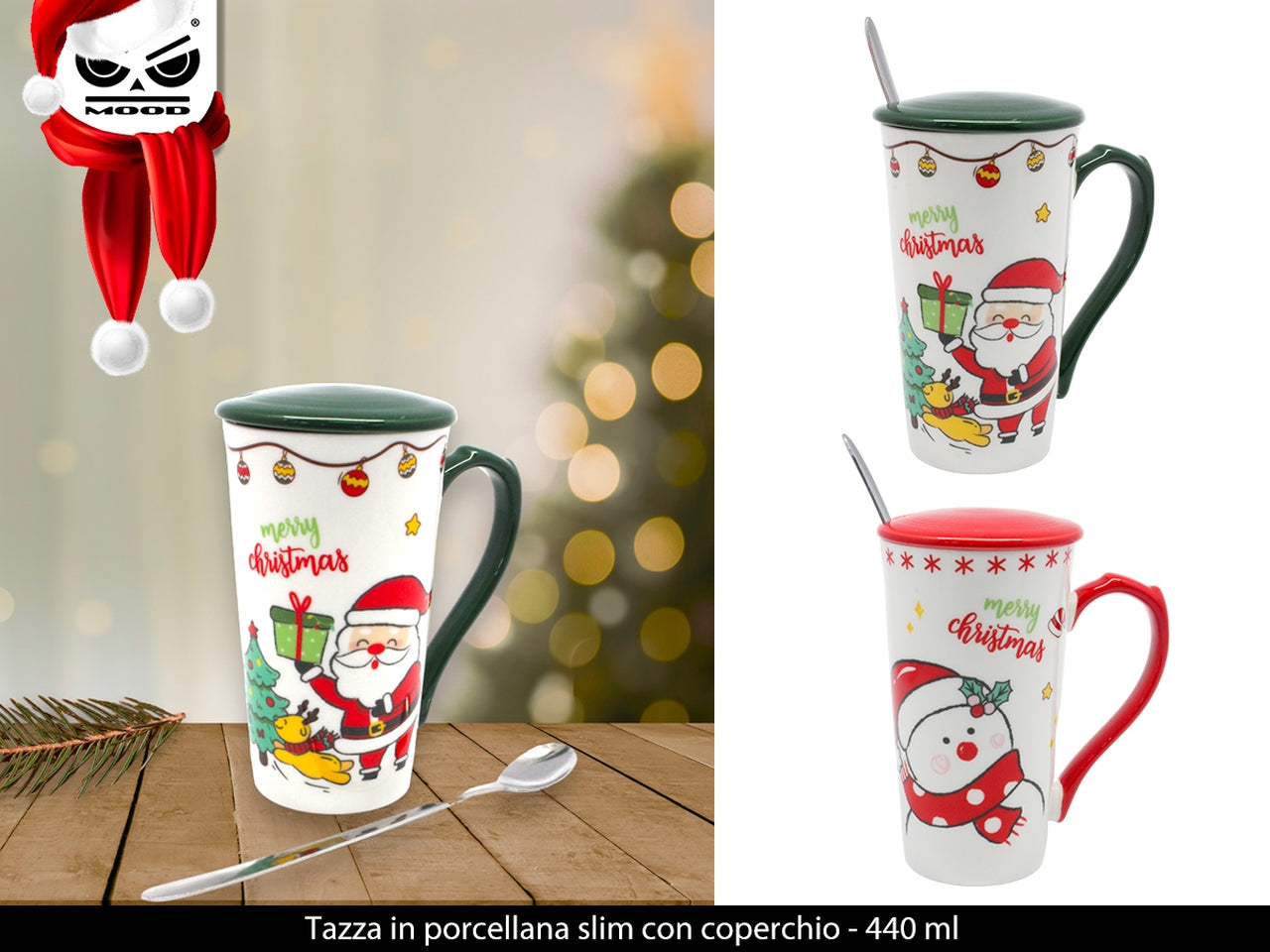 Tazza natalizia in porcellana slim con coperchio 440ml