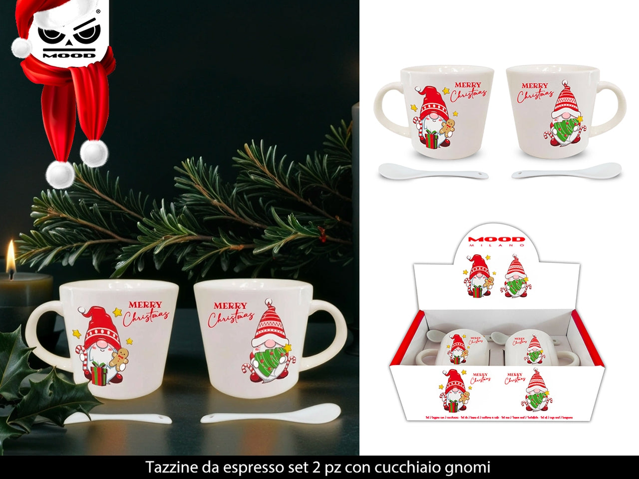 Tazzine da espresso set da 2 tazzine con cucchiaio decoro gnomi