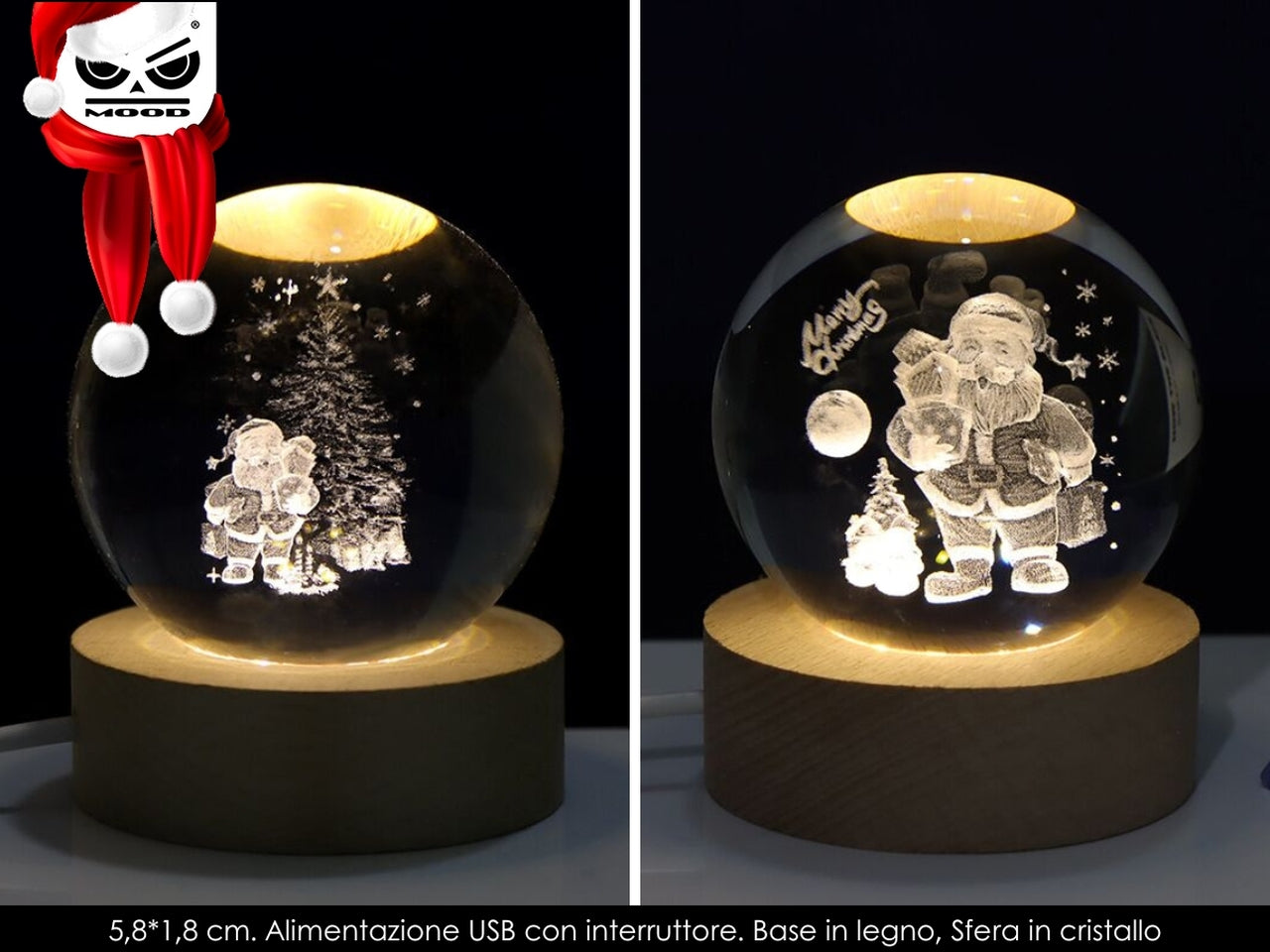 Lampada sfera in cristallo con luce led babbo natale 5,8x1,8cm con usb