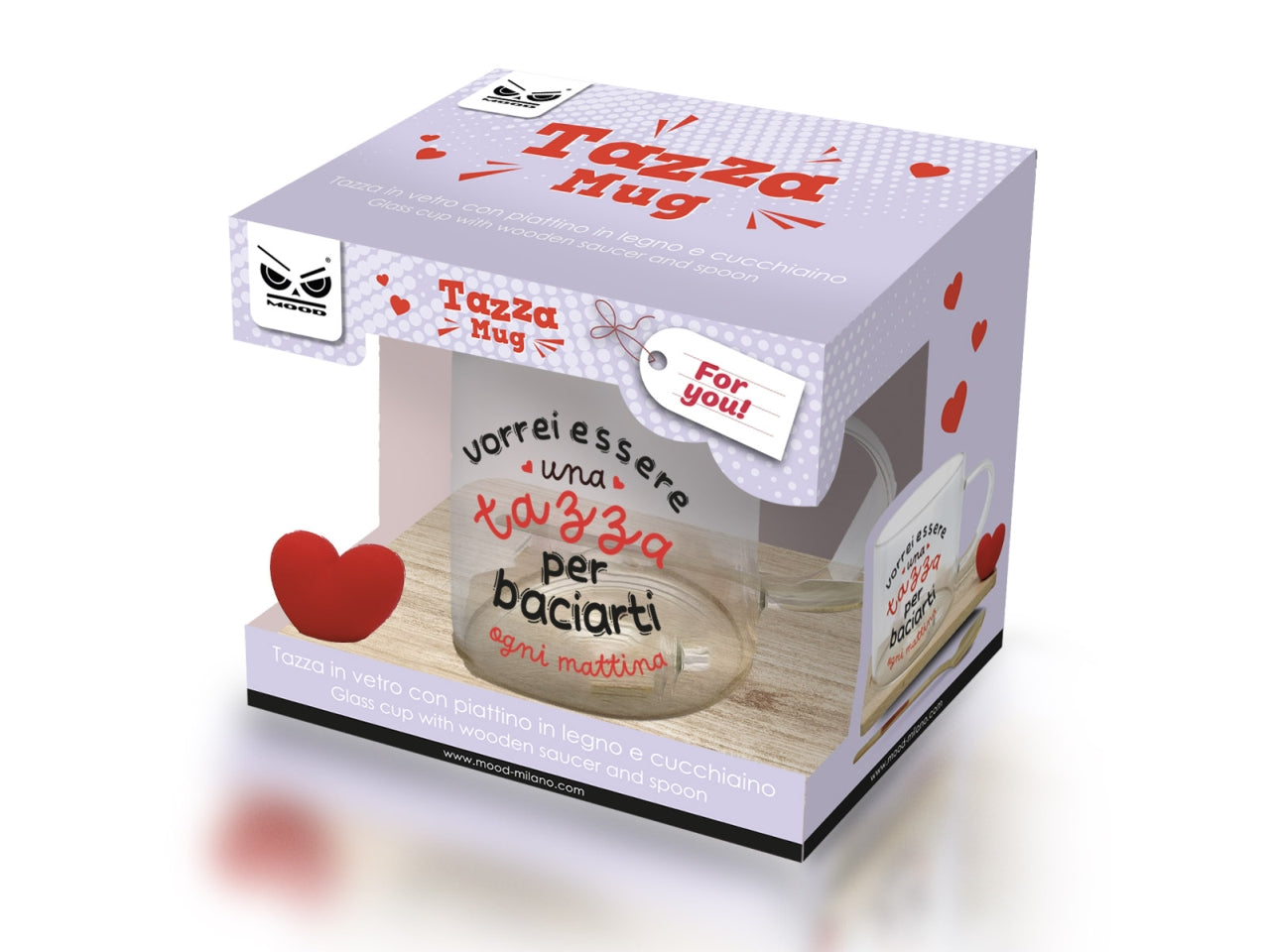 Tazza in vetro vorrei essere una tazza con piattino in legno e cucchiaino