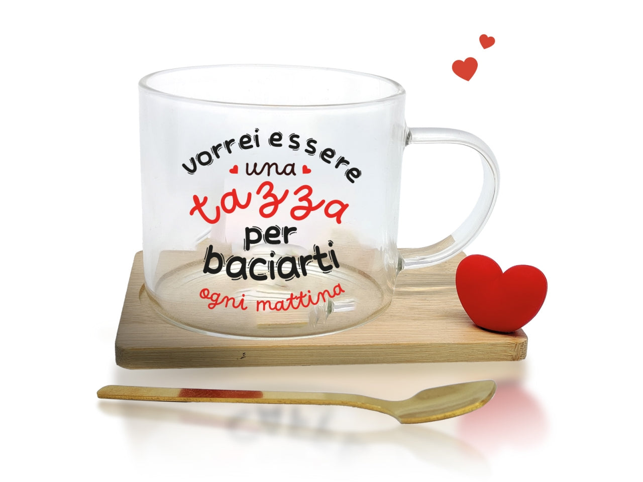 Tazza in vetro vorrei essere una tazza con piattino in legno e cucchiaino