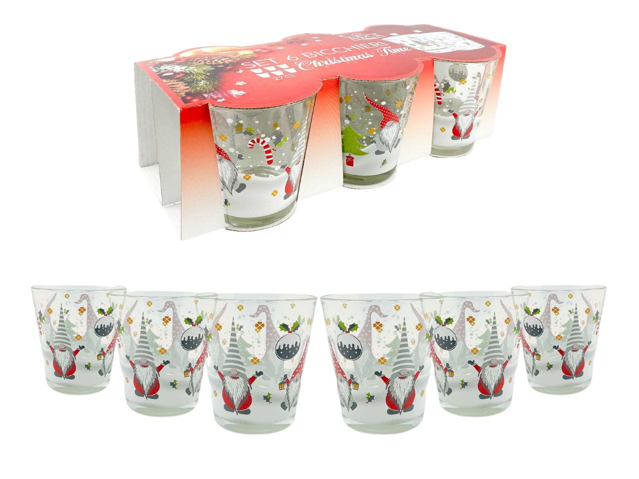 Bicchieri natalizi con decoro gnomi  - la confezione comprende 6 bicchieri