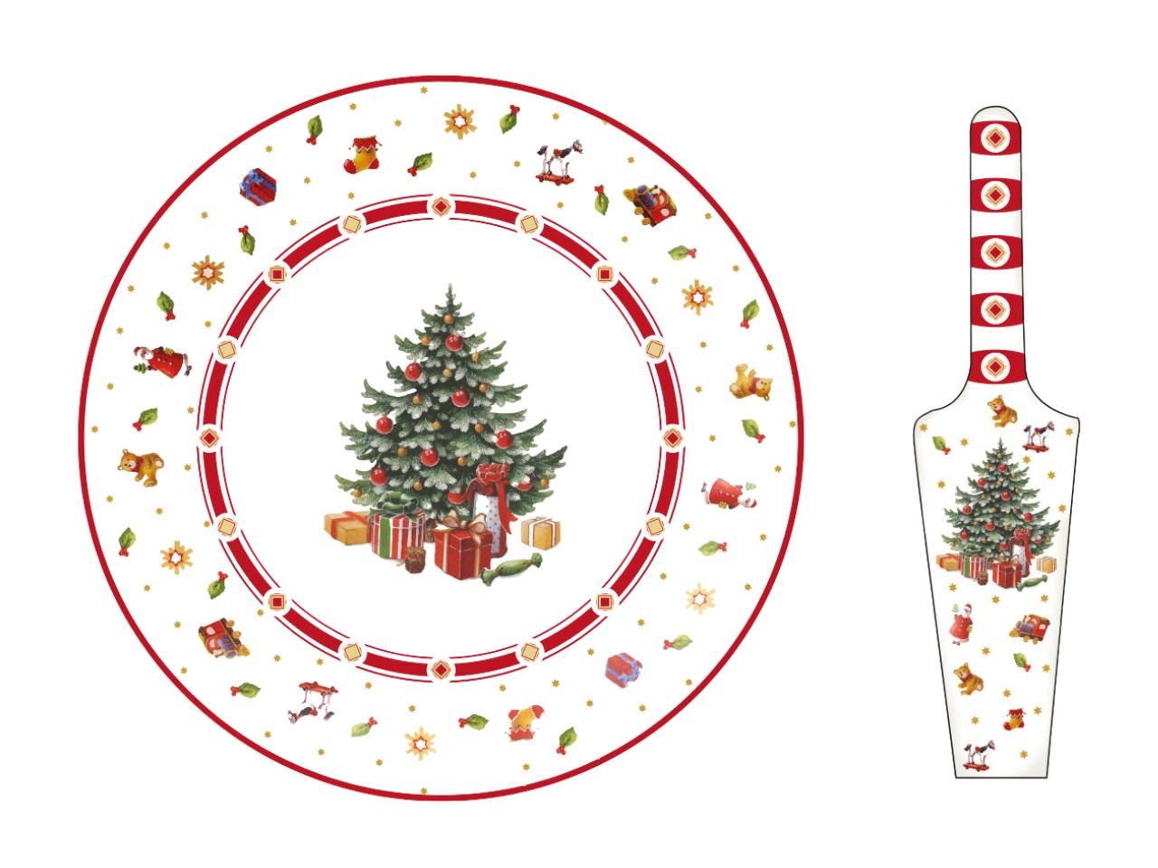 Piatto da panettone con paletta e decorazioni natalizie in porcellana misura piatto d.30cm paletta 25cm