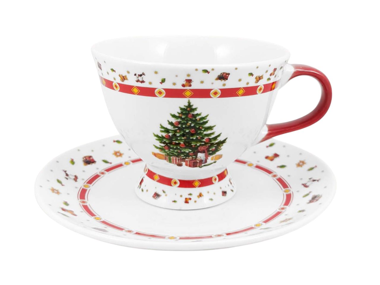 Tazza da caffe' con piattino e decoro albero di natale in porcellana