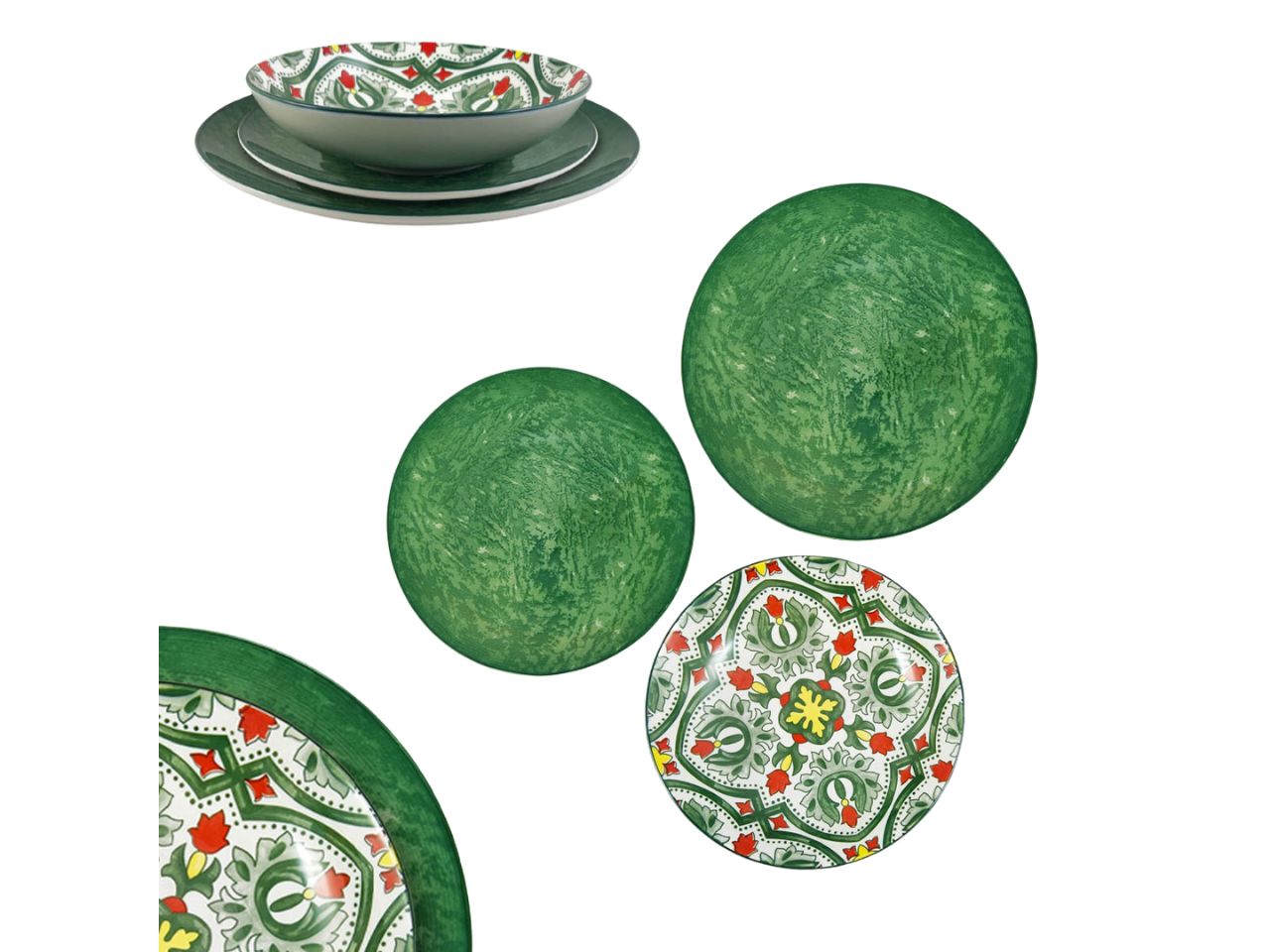 Servizio piatti 6 persone in porcellana, stile mediterraneo con maioliche, Arca Decor Taormina, 18 Pezzi