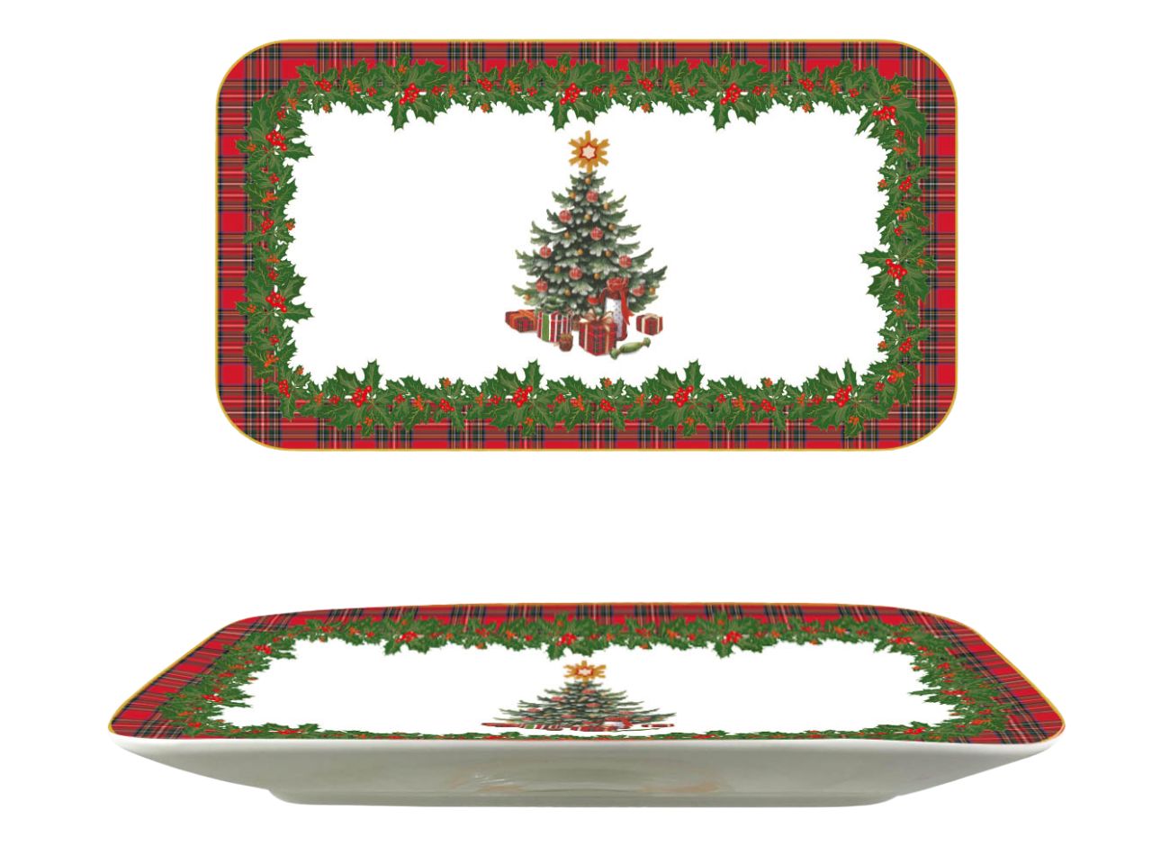 Vassoio rettangolare natalizio in ceramica rosso, verde e bianco tartan multicolor 22x12 cm - Arca