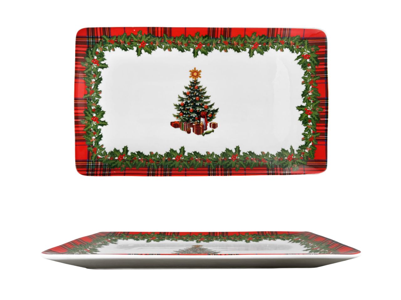 Vassoio rettangolare natalizio in ceramica rosso, verde e bianco tartan multicolor 27x16 cm - Arca