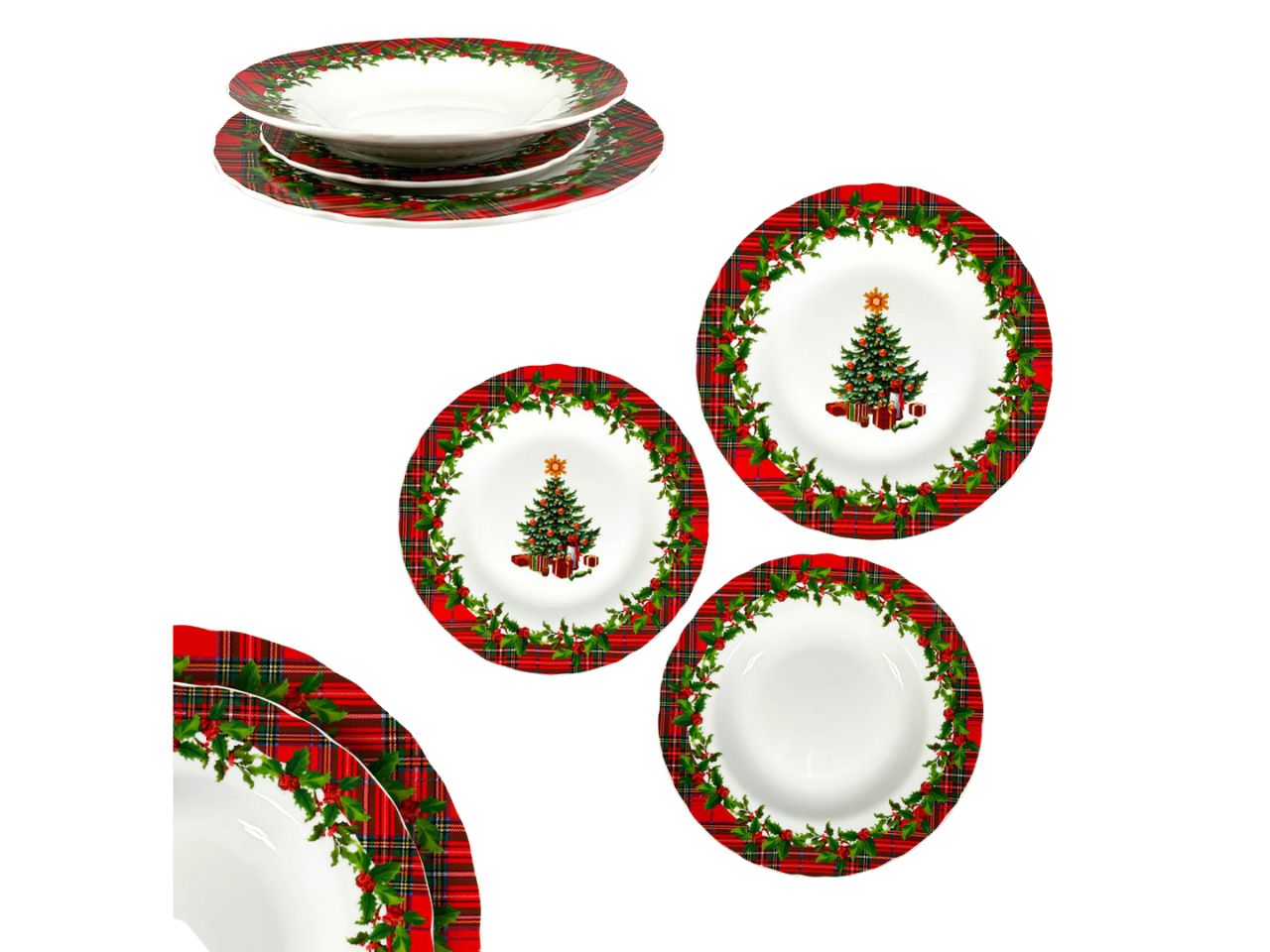 Servizio piatti natalizi in ceramica tartan rosso verde e bianco per 6 persone, 18 pezzi - Arca