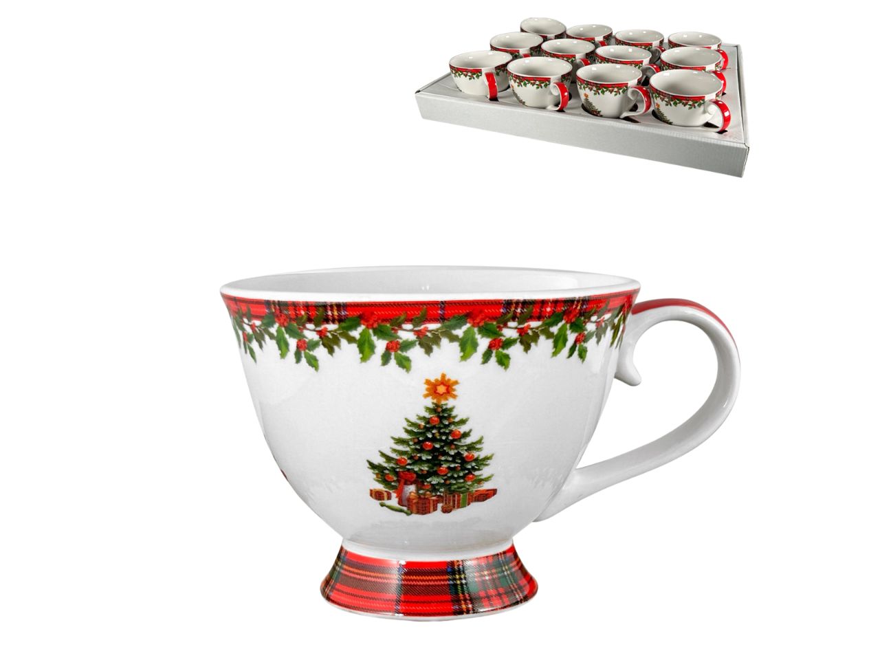 Tazza mug grande in ceramica rosso bianco e verde fantasia tartan 11x10x9,5 cm - Arca