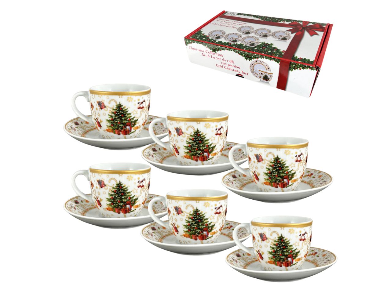 Tazzine caffè natalizie in ceramica dorato verde e bianco con piattino, set 6 pezzi - Arca