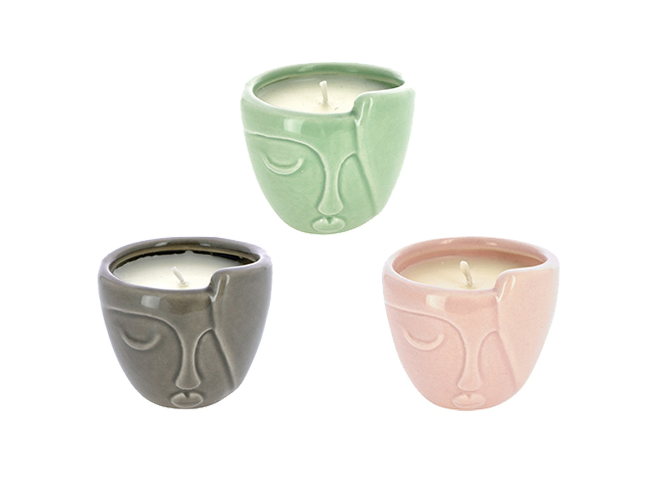 Candela profumata volto stilizzato in ceramica colori verde, rosa e grigio in 3 modelli assortiti misura 6x6cm
