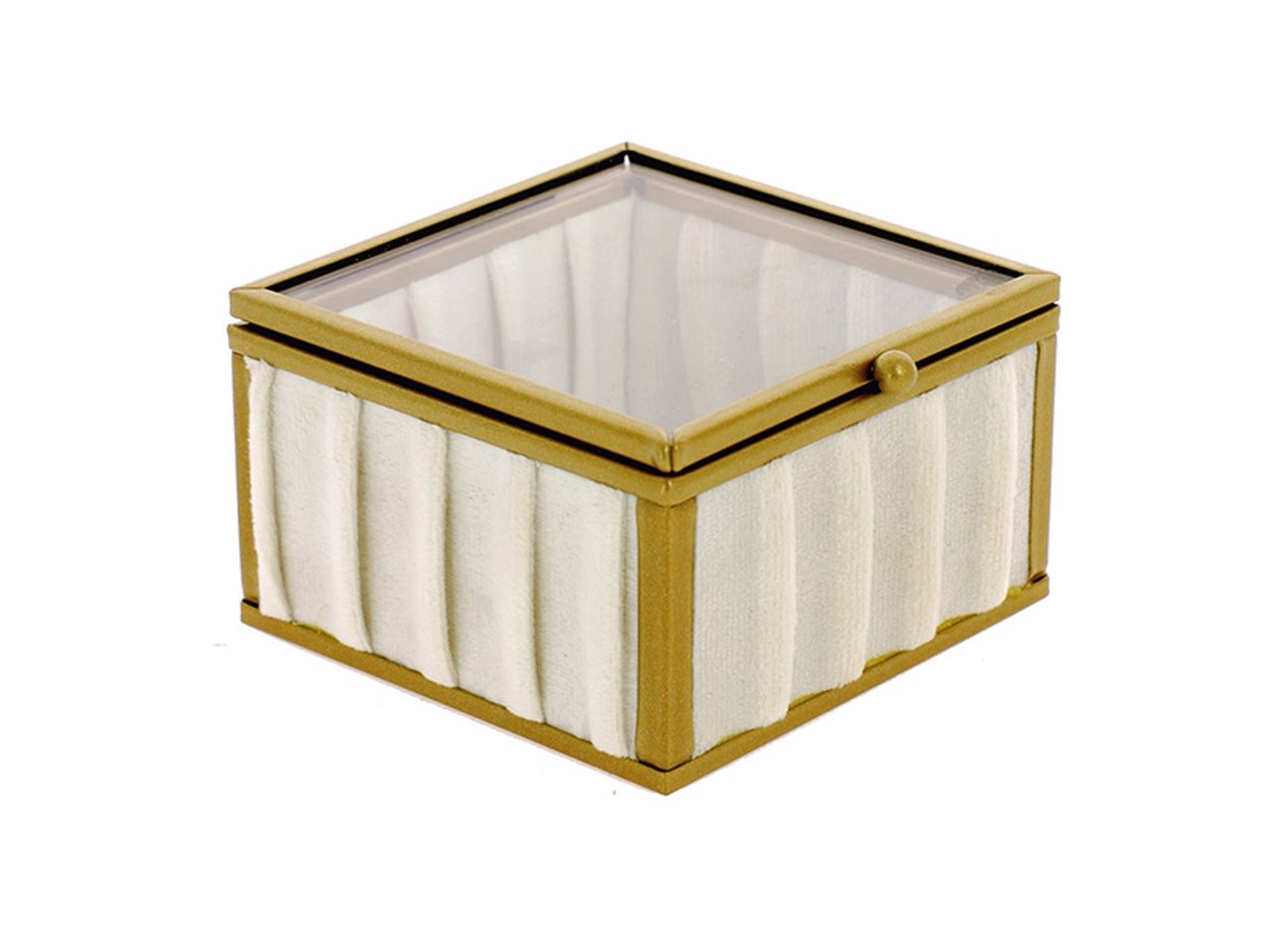 Scatola quadrata con velluto bianco e profili in metallo oro misura 8,5x8,5xh.5cm