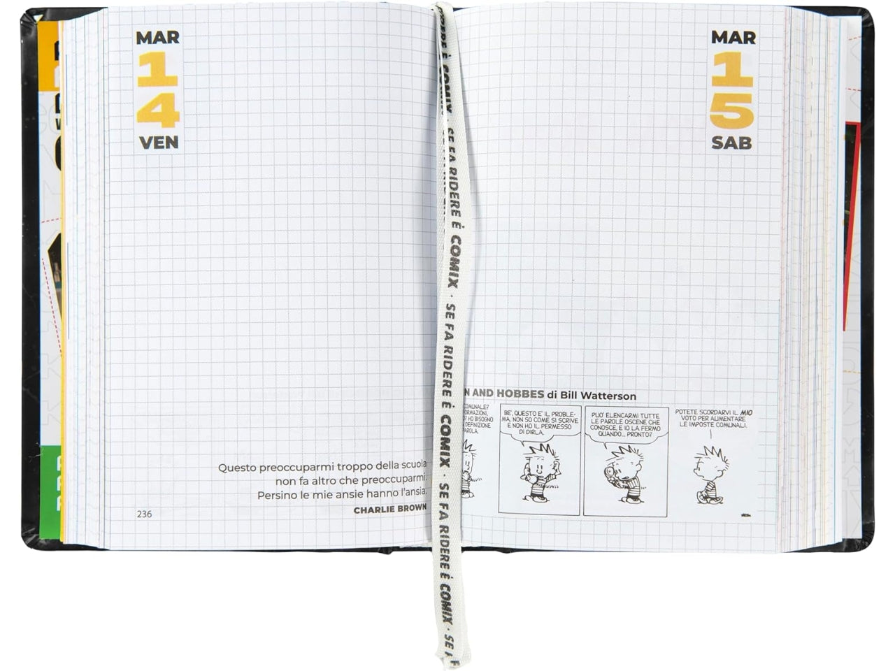 Diario agenda Comix standard 16 mesi con copertina rigida nera e bianco, anno 2024/25, 13x17,3 cm