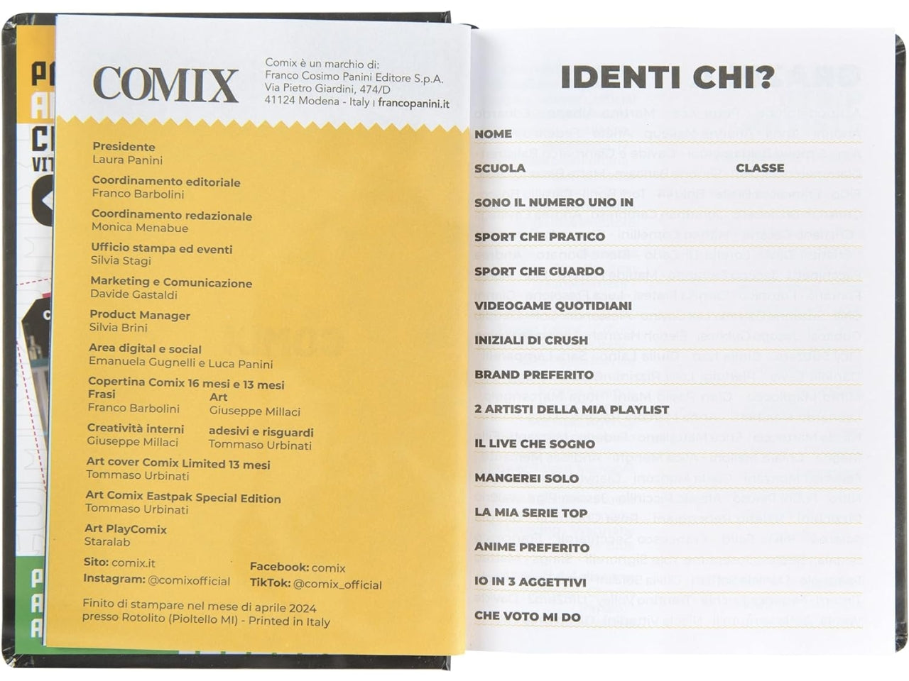 Diario agenda Comix mignon 16 mesi con copertina rigida nera e argento, anno 2024/25, 9x12,5 cm