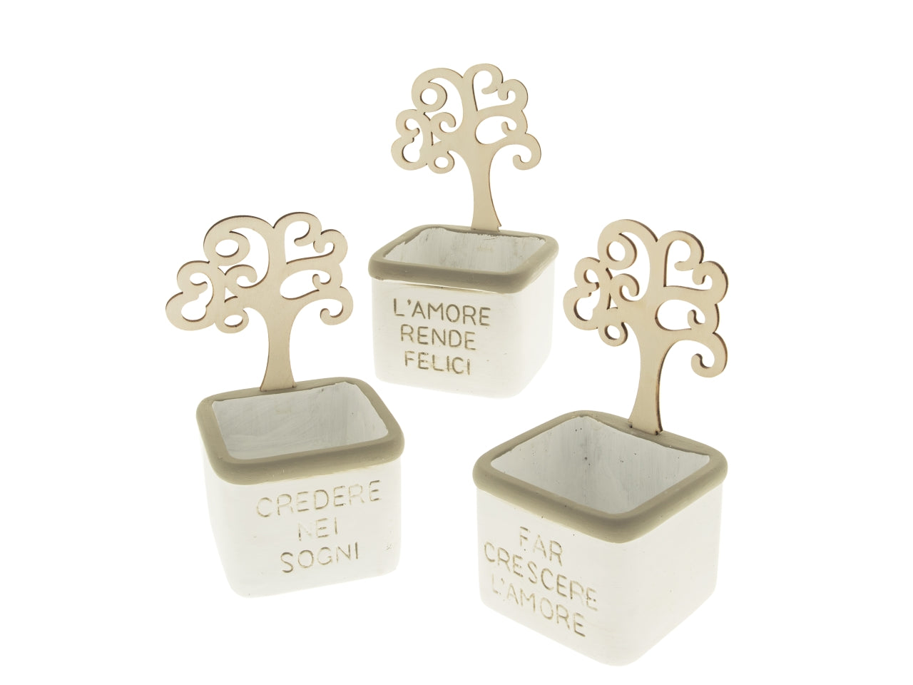 Porta piante con albero della vita in terracotta e legno bianco e grigio - ETM