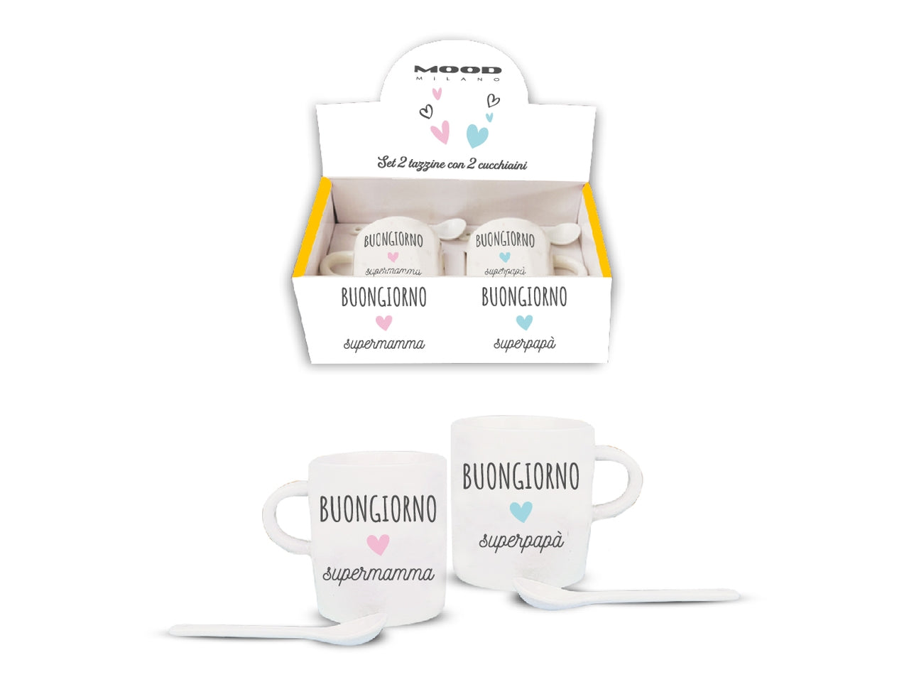 Set 2 tazzine con scritta con due cucchiaini tutto in ceramica in scatola regalo