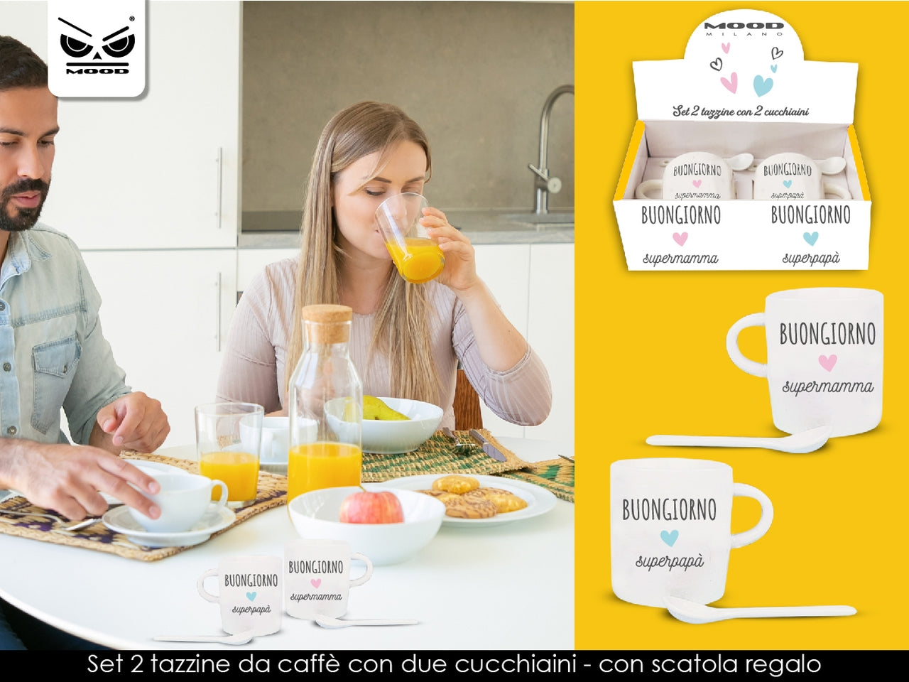 Set 2 tazzine con scritta con due cucchiaini tutto in ceramica in scatola regalo