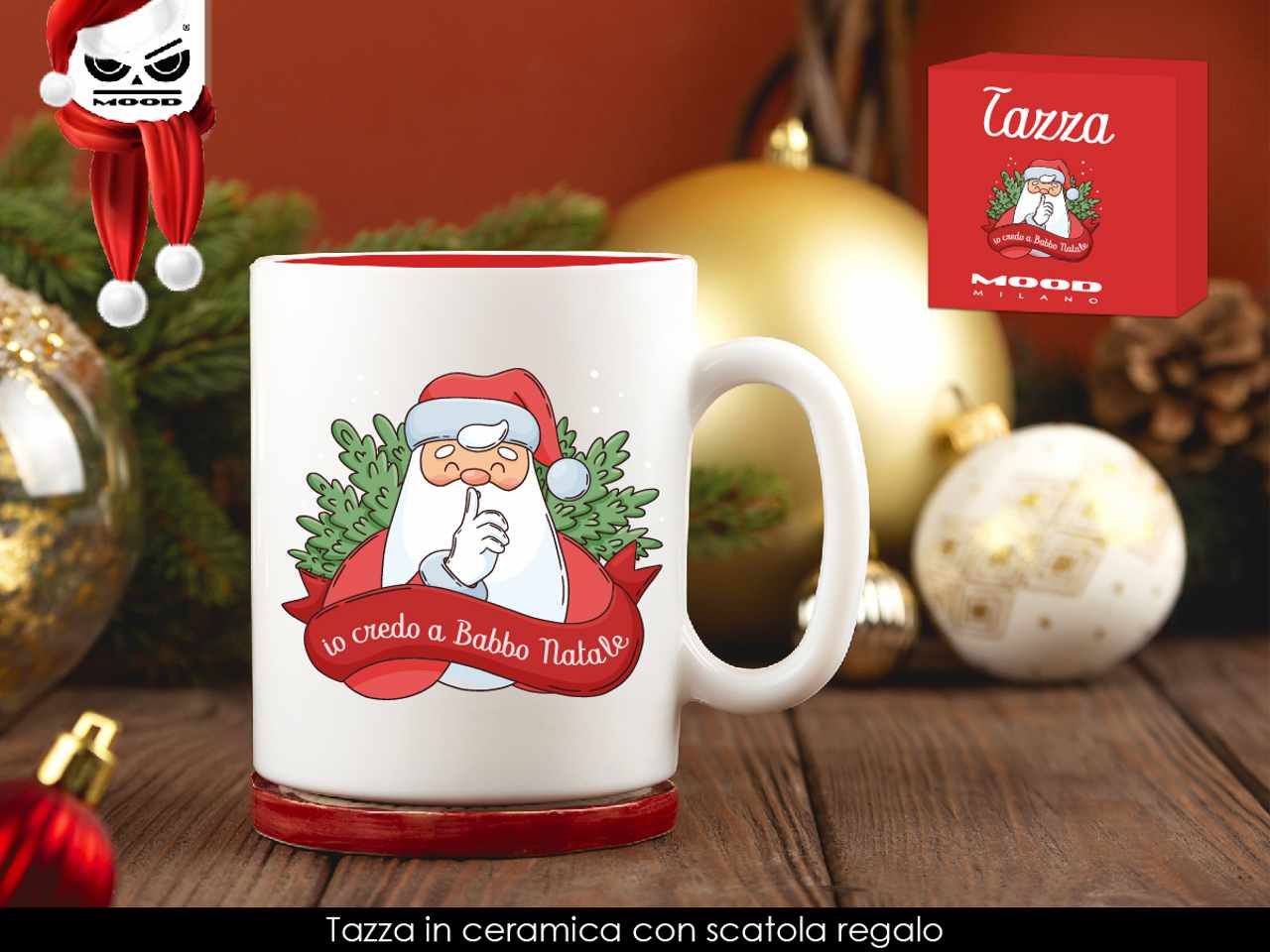 Tazza in ceramica con stampa esterna in quadricromia e colorata all'interno: io credo a babbo natale.