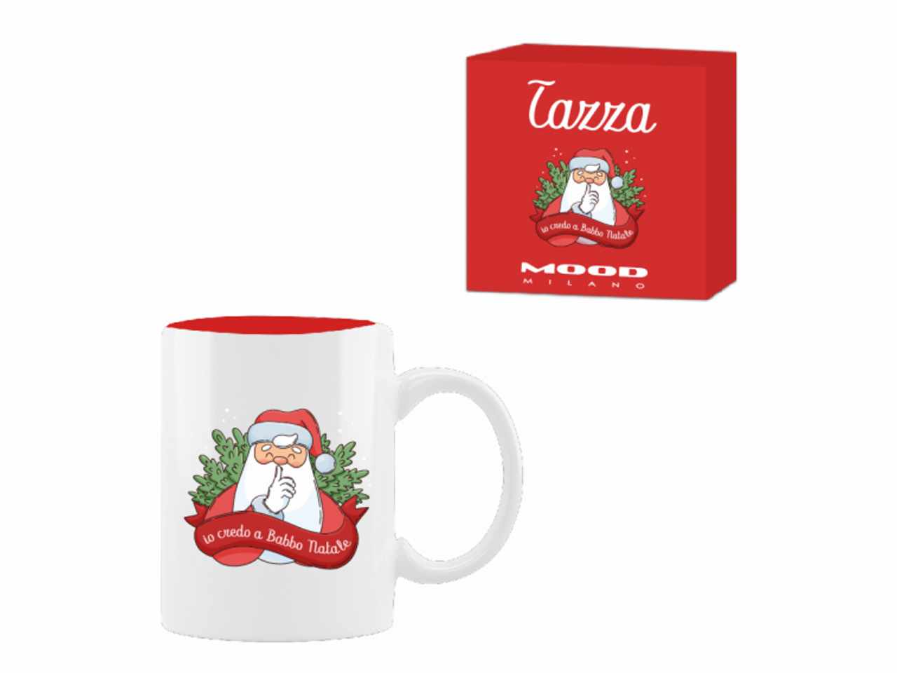 Tazza in ceramica con stampa esterna in quadricromia e colorata all'interno: io credo a babbo natale.